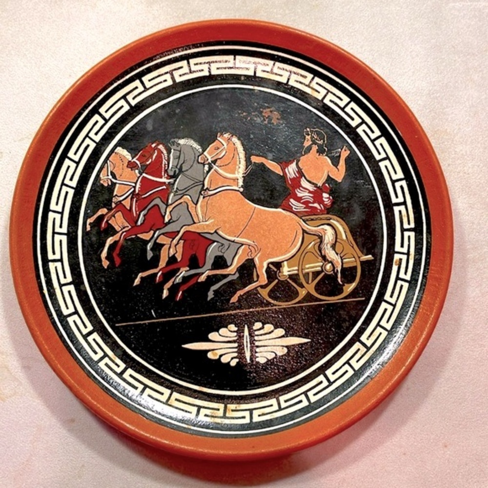 Handmade Pottery Plate Made in Greece Vintage Warrior Scene Excellent Condition